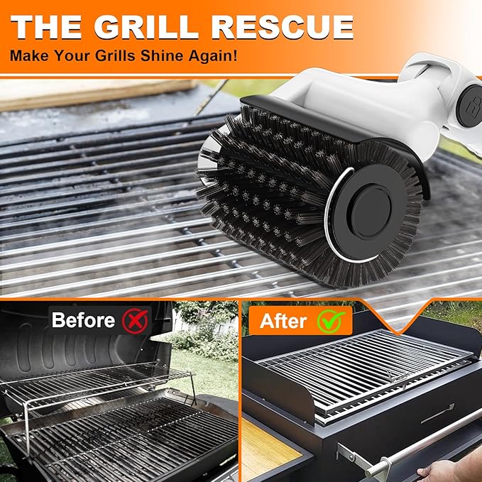 HHXRISE Electric Grill Brush for Outdoor Grill: Rechargeable BBQ Grill Cleaner with 2 Heads (Steel Wire & Flame Resistant Sponge) - 2-Speed - 90°Adjustment - Effortless Grill Grates Cleaning