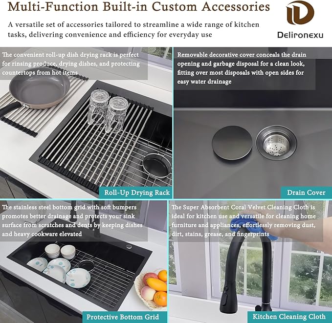 33 Inch Black Kitchen Sink Drop In – Delironexu 33x19 Drop In Kitchen Sink, 16 Gauge Black Stainless Steel sink Top Mount, Single Bowl kitchen Sinks with 4 Accessories
