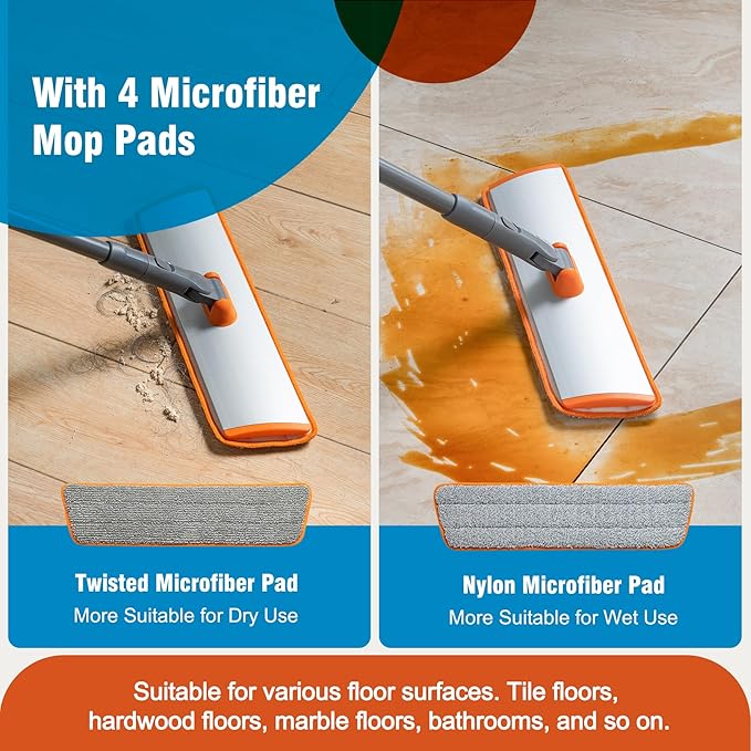 Microfiber Mop Floor Dust Mop with Extendable Long Handle, Flat Mop with 4 Reusable Pads and 1 Dirt Removal Scrubber, Suitable for Home Kitchen Bathroom Living Room Cleaning