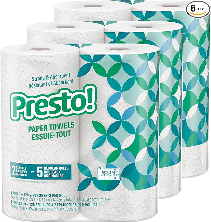Amazon Brand - Presto! Kitchen Paper Towels - Flex-a-Size, 128 Sheet Family Roll, 6 Rolls (3 Packs of 2), White