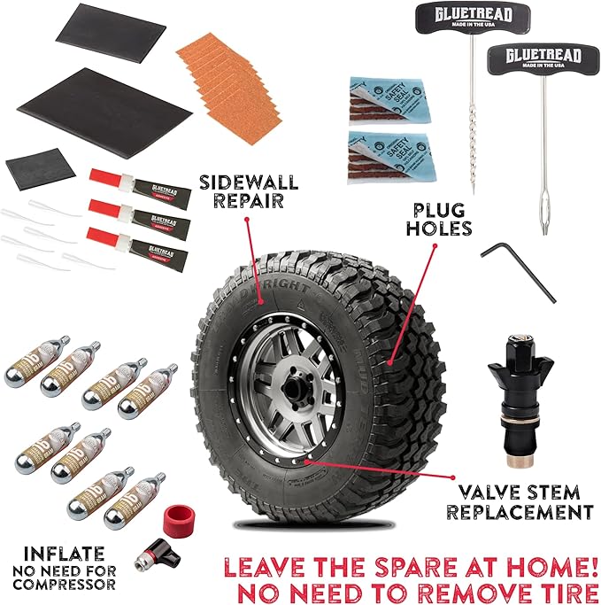 GlueTread SxS Pro Tire Repair Kit Ultimate Off-Road Tire Repair Kit Includes Sidewall Repair Patches, Colby Emergency Valve, Emergency Tire Plug Kit with 12 Plugs, T Handles and 8 CO2 Cartridges