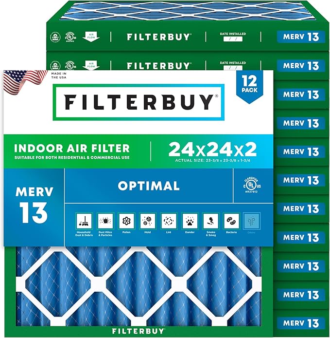 Filterbuy 24x24x2 Air Filter MERV 13 Optimal Smoke & Allergy Defense (12-Pack), Electrostatic Pleated HVAC AC Furnace Filters Replacement, Made in USA (Actual Size: 23.38 x 23.38 x 1.75)