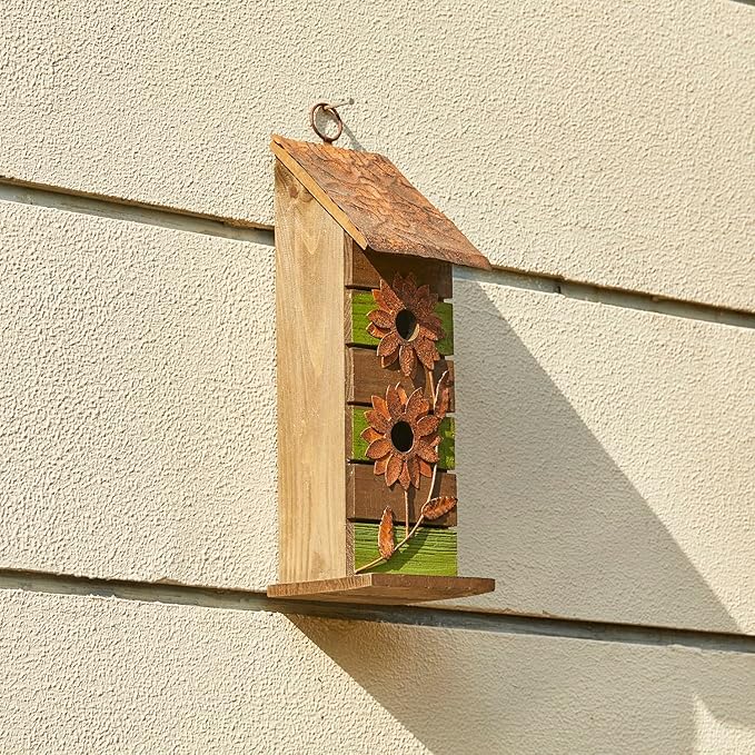 Glitzhome Bird Houses for Outside, 14.45" H Wooden Garden Hanging Bird House Two-Tiered Distressed with Flowers Decorative Birdhouse for Outdoors