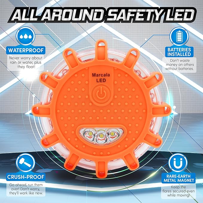 Marcala LED Road Flares Emergency Lights | 3-Pack Roadside Safety Disc Kit w/Whistle | DOT Compliant Emergency Flares for Car w/Batteries Installed | Roadside Emergency Car Kit with Flares
