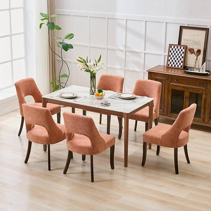 UVV Wooden Dining Chairs Set of 2, Mid Century Modern Upholstered Dining Room Chair Kitchen Chairs, Chenille Dinner Chair with Solid Wood Legs for Kitchen Dining Room, Orange-Chenille