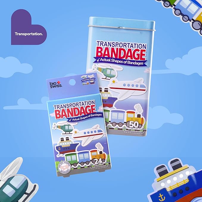 BioSwiss Kids Bandages, Transportation Shaped Self Adhesive Bandage Set, Latex Free, Sterile Wound Care, 24 Count