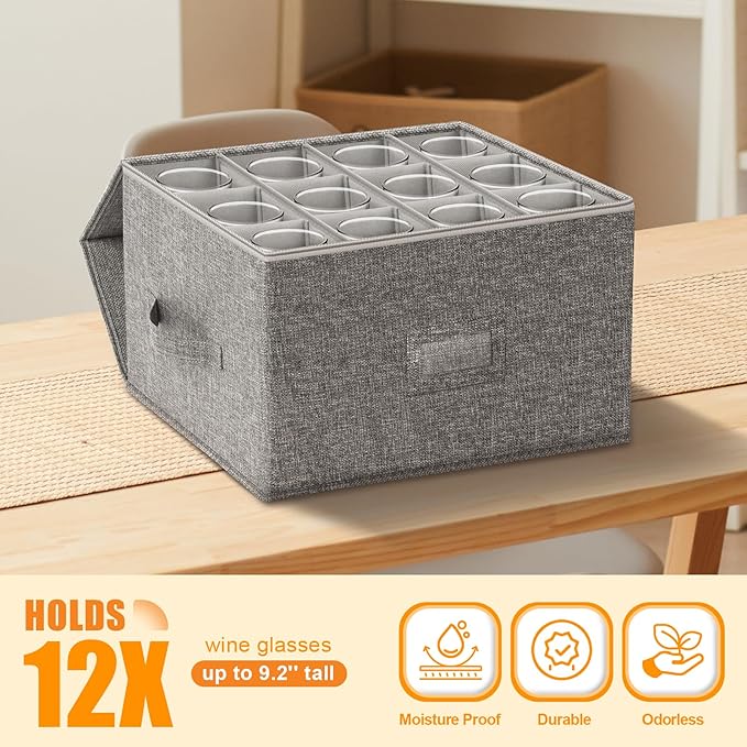 Wine Glass Storage Box 2-Pack, Stemware Container Cases, Stackable w/Hard Shell Top Sides Bottom, Moving Supplies, China Storage Containers for 24 Crystal Glasses Drinkware 9.2'' Tall, Grey