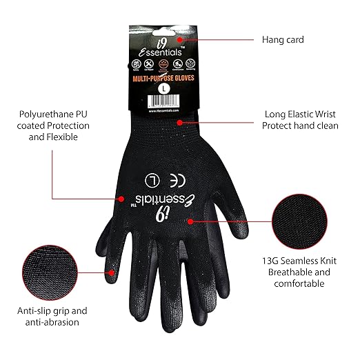 I9 Essentials 12 Pairs PU Coated Work Gloves – Black Safety Grip Gloves for Construction, Warehouse, Assembly & General Work | Lightweight Protective Gloves for Men & Women (Large)