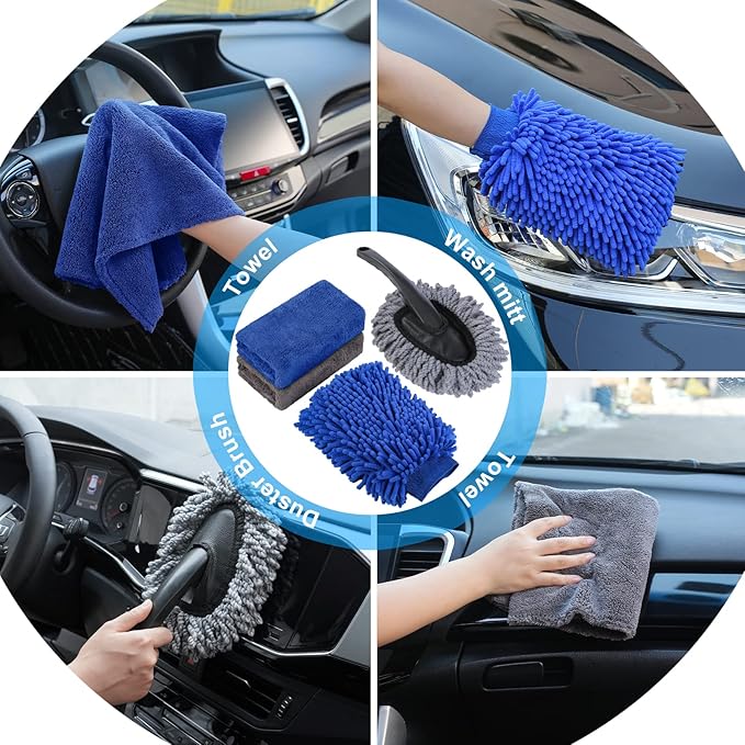 AUTODECO 35Pcs Car Wash Detailing Kit Cleaning Kits with Foam Gun Sprayer Collapsible Bucket Brush Large Wash Mitt Towels Complete Interior Exterior Car Washing Supply Set Blue
