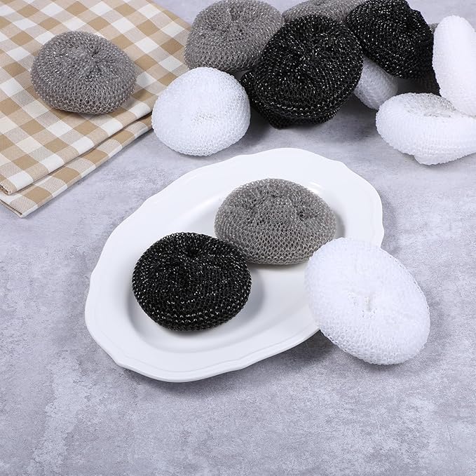 Plastic Dish Scrubbers for Dishes 15Pcs Plastic Pot Round Scrubber Scouring Pad Assorted Colors Nylon Non Scratch Dish Scrubber for Kitchen Cleaning (Black, White, Gray)