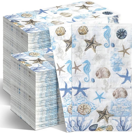 Jetec 200 Pieces Sea Paper Napkins Summer Paper Guest Towels for Bathroom Decorative Sea Blue Starfish Disposable Guests Paper Napkins Nautical Coastal Hand Towels for Bathroom Wedding Dinner Party