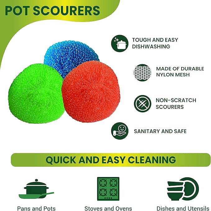 36 Round Nylon Dish Scrubber Scouring Pads by Scrub-It -3 Packs of 6 Scour Pads - Assorted Colors - Tough and Durable - Non-Scratch for Non-Stick Cookware - (36)