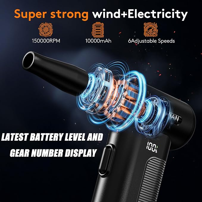 Compressed Air Duster Electric Air Blower: 150000RPM 10000mAh LED 6-Gear Adjustable Keyboard Cleaner, Wireless Rechargeable Duster for Computer Keyboard Cleaning