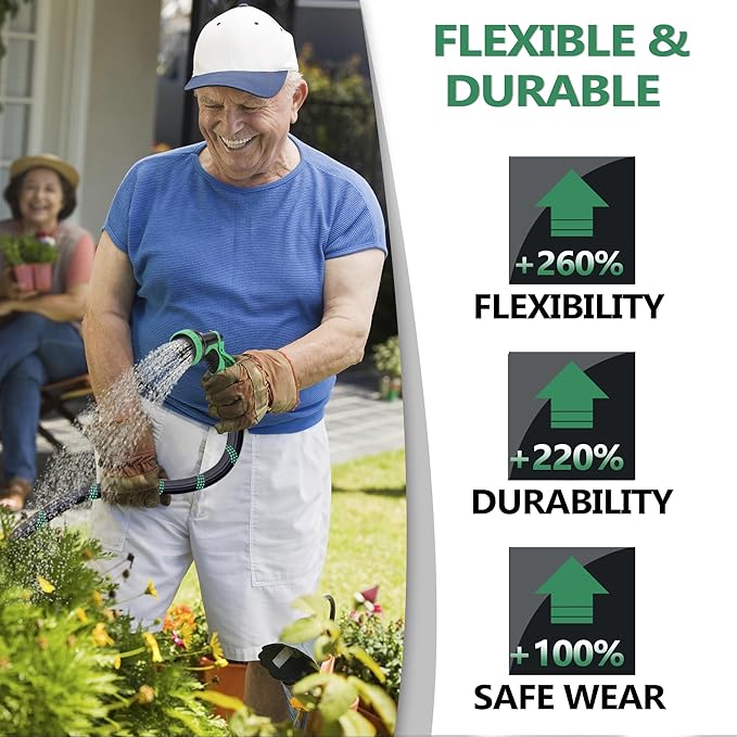 Garden Hose 25 ft-Heavy Duty Water Hoses - Flexible&Lightweight Car Washing Pipe with Strain Reliefs-Kink-free Rubber Hose with Sprayer Nozzle for Yard, Outdoor