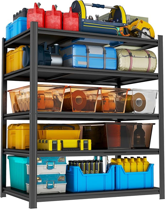 Garage Shelving, 2500LBS Metal Storage Shelves, 5-Tier Heavy Duty Garage Shelving, Industrial Utility Shelves, Adjustable Shelf Units for Basement, Workshop, Warehouse, Pantry Closet, Black