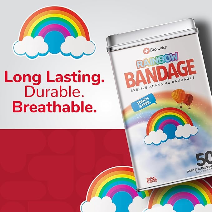 BioSwiss Kids Bandages, Rainbow Shaped Self Adhesive Bandage Set, Latex Free, Sterile Wound Care, 50 Count