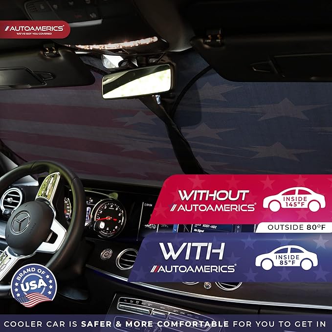 Autoamerics 1-Piece Windshield Sun Shade USA Art Flag - 1 American Design - Foldable Car Front Window Sunshade for Most Sedans SUV Truck - Blocks Max UV Rays and Keeps Your Vehicle Cool - Medium
