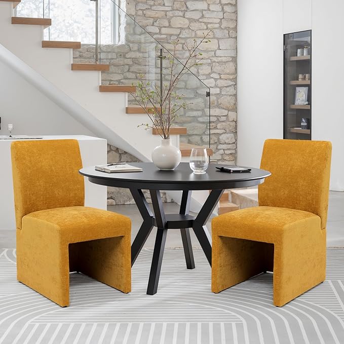 Upholstered Dining Chairs Set of 2 Modern Kitchen & Dining Room Chairs Linen Fabric Dining Chairs with Wooden Frame, Yellow