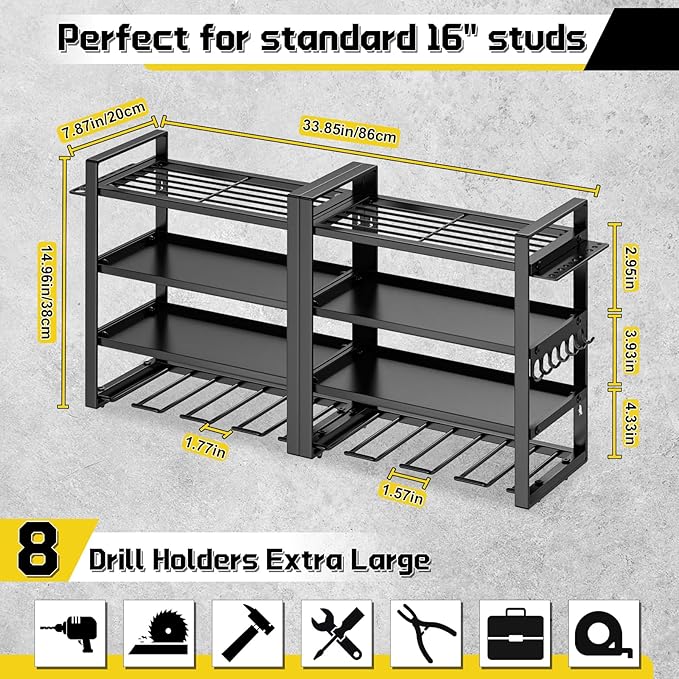 Large Power Tool Organizer Wall Mount, 8 Cordless Drill Holder, 4 Tier Metal Power Tool Shelf Battery Storage with 7 Hooks, Heavy Duty Utility Racks for Garage Workshop, Black