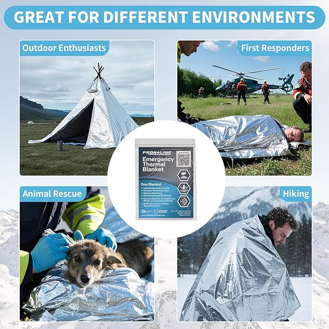 FRONTLINE Emergency Thermal Blankets Large 54" x 84" Mylar Blankets Survival Gear Camping Gear Emergency Space Blanket First Aid for Survival (20)