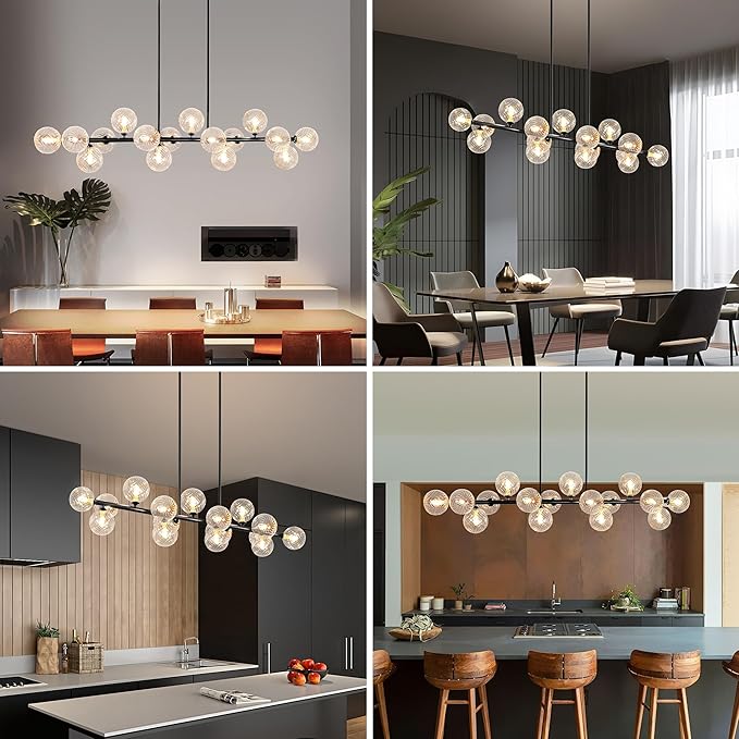 Large Chandeliers for Dining Room, 16-Light Modern Chandelier Sputnik Chandeliers Black Dining Room Light Fixture with Clear Globe Sputnik Ceiling Light Fixture Linear Chandelier over Kitchen Island