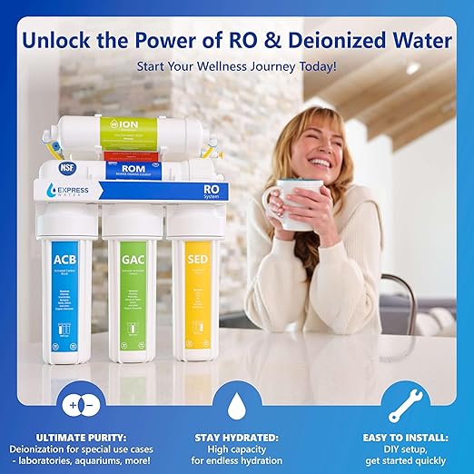 Express Water Reverse Osmosis Deionization Filtration System - 6 Stage RO With Faucet and Tank - Under Sink Filter - 100 GPD