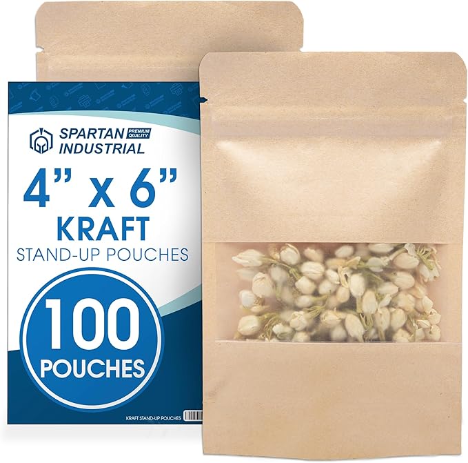 Spartan Industrial - 4" X 6" Kraft Resealable Stand-Up Pouches - Pack of 100 Small Smell-Proof Storage Pouches for Food Packaging, Pet Treats, Cosmetics, and More