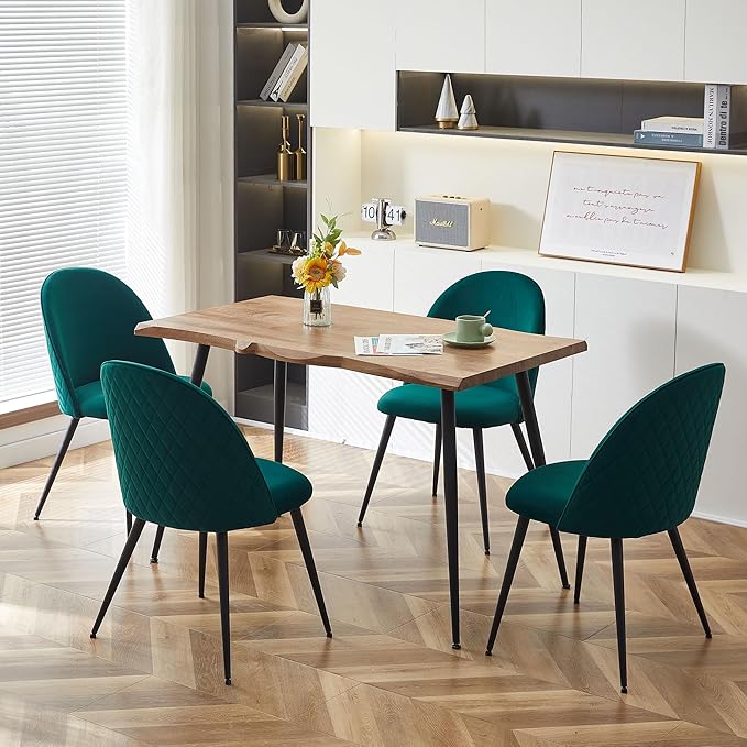 Modern Kitchen Table with Chairs Upholstered Set for 4, Stylish Brown Dining Table Wooden with Dark Green Velvet Dining Side Chairs Comfy with Cushion Seat for Apartment, Living Room