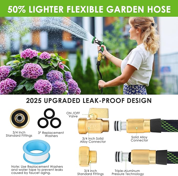 Non-Expandable Garden Hose 50 ft, Ultra Lightweight & Flexible Water Hose With 10-Pattern Spray Nozzle, Full Length Leak-Proof Design, High-Density Fabric & Shut-Off Valve, Hose Straps