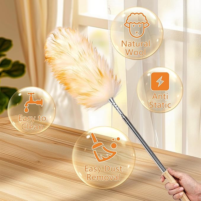 Lambswool Duster Extendable 31-88 Inch, Anti-Static Flexible Head, Stainless Steel Pole for High Ceilings, Fans, Interior & Roof Dusting - Yellow & White
