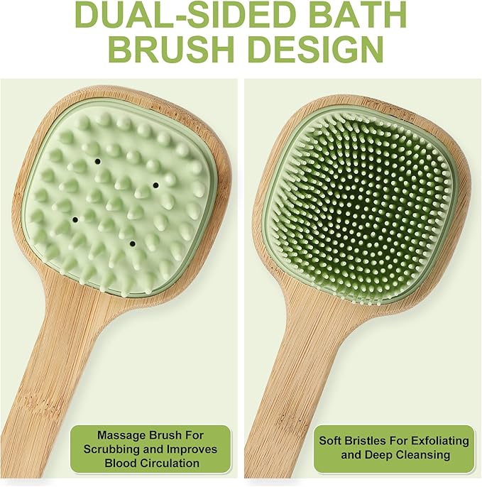 Silicone Back Scrubber for Shower, Silicone Bath Body Brush Loofah with Long Handle, Dual-Sided Shower Brush for Body, Green Exfoliating Body Scrubber for Men Women, Back Washer for Men with Hook