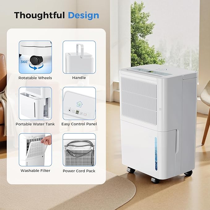 2,500 Sq Ft Portable Home Dehumidifier with Drain Hose, 74 OZ Water Tank, 24 Hr Timer, 3 Modes High Efficiency Compressor for Basement, Bedrooms, Bathrooms and Laundry Rooms