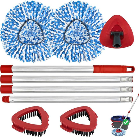 Spin Mop Handle, Mop Replacement Heads,Brush,Base Compatible with OCedar RinseClean 2 Tank,Inclued 2 Microfiber Mop Heads,1 Mop Base,2 Brush and 4-Section Mop Handle for Ocedar,Use for Floor Cleaning