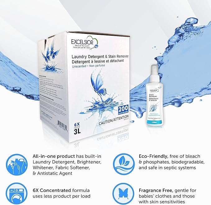 Excelsior - Laundry Detergent with Eco Bottle- Concentrated Liquid - Unscented, Biodegradable, Solvent, and Phosphate Free 3 Liter (1, Old Packaging)