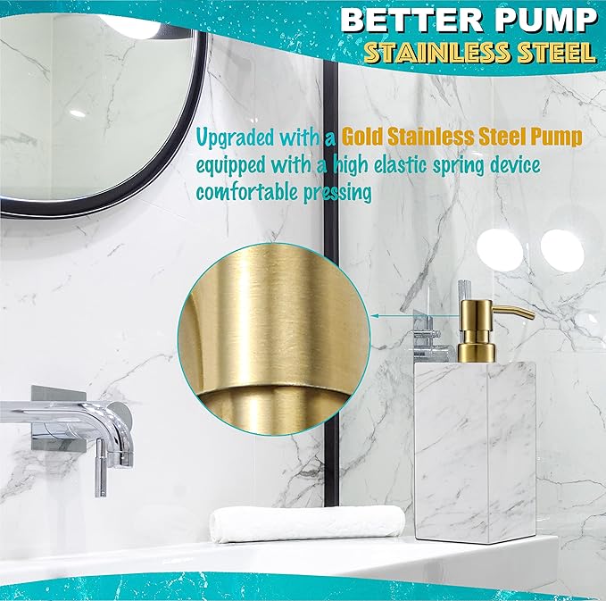 LAGOM HOUSE Marble Soap Dispenser, White Italian Natural Stone Marble Liquid Hand Soap Dispenser Decorative Bottle for Kitchen Bathroom Countertop Gold Stainless Steel Lotion Pump Dispenser
