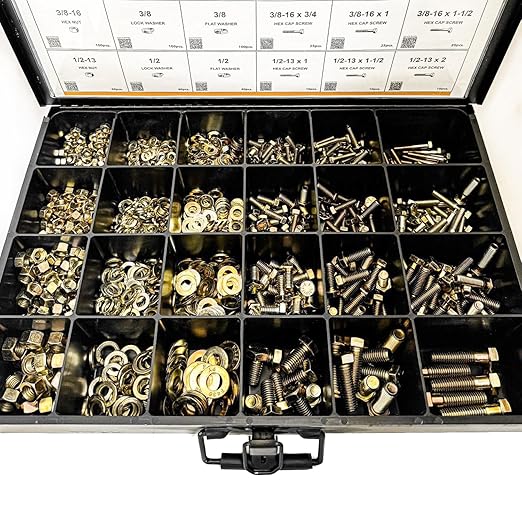 Titan Industrial Supply-1275 Piece Grade 8 Yellow Zinc Nut Bolt Washer Assortment, Hex Head Cap Screws, Flat and Lock Washers, Hex Nuts, Coarse Thread USS Kit
