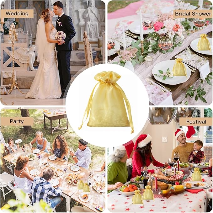 QIANF 20 Pcs Gold Small Organza Bags 6X9 inch for Wedding Favors with Drawstring, Mini Mesh Gift Bags Jewelry Pouch for Candy Bridal Shower Party Favor Baby Shower Christmas