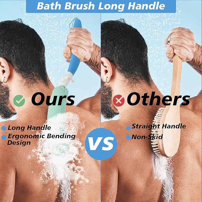 Back Scrubber for Shower，Mesh Sponge Body Shower Brush with Long Handle for Use in Shower Back Scrubber,Back Scrub for Exfoliating Body Scrubber or Shower Brush (Blue and White)