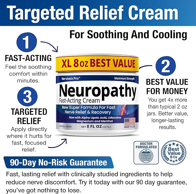 Neuropathy Nerve Relief Cream – Extra Large 8 oz – Super Strength ALA, Menthol, Magnesium Formula for Feet Hands Legs Toes Back – Made in USA – Fast-Acting Soothing Relief – Super Value 8 Oz