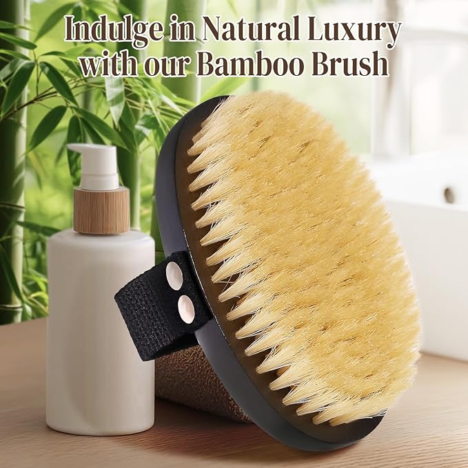 Dry Brushing Body Brush for Lymphatic Drainage, Azymi Shower Bath Brush 100% Natural Thick Bristles Exfoliate Dead Skin, Detoxify, Improve Blood Circulation, Dry & Wet Brush Dual-Use 1-Pack Oval