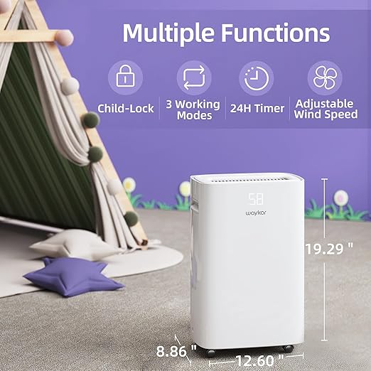 Waykar 50 Pints Dehumidifier for Home, 4500 Sq. Ft Dehumidifiers for Basement with Drain Hose, Auto-Defrost and Dry Clothes Function, Intelligent Humidity Control