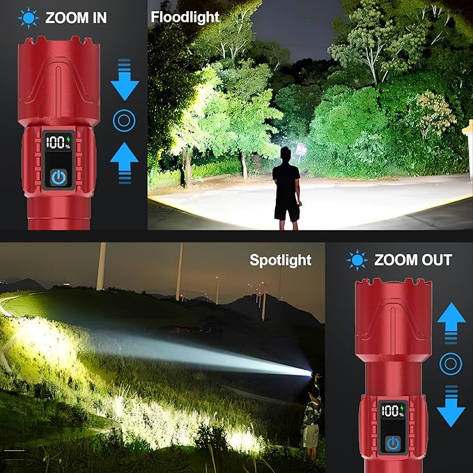 Banral Rechargeable Tactical Flashlights High Lumens - 5000mAh Super Bright LED Powerful Flash Light, Waterproof Handheld USB C Flashlight for Home,Car,Camping,Emergencies,5 Modes,Zoomable (1, Red)