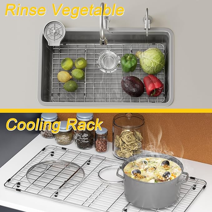 Large Metal Sink Rack 27-9/16" X 14-9/16",Sink Protector for Kitchen Sink,Stainless Steel Sink Grid for Bottom of Sink,Sink Grate with Rear Drain Hole for Single Bowl with Strainer,1 Pack