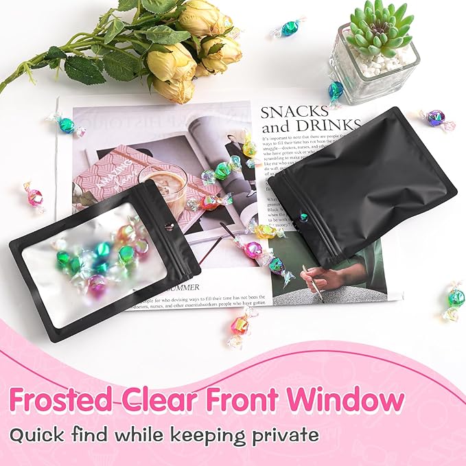 FUNFERY 100 Pack Mylar Resealable Bags Foil Packaging Bags with Clear Window,Zipper Bag Smell Proof Pouch for Food Storage,Cookies,Sample,Small Business(Black,4.7x7inch)
