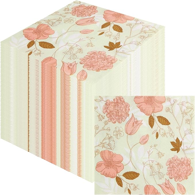 LASLU 100 Floral Guest Napkins Pink and Green Toile Disposable Paper Napkins Decorative Flower Bathroom Hand Towels for Bridal Baby Shower Tea Party Birthday Party Supplies