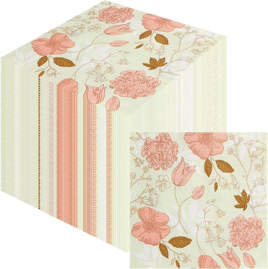 LASLU 100 Floral Guest Napkins Pink and Green Toile Disposable Paper Napkins Decorative Flower Bathroom Hand Towels for Bridal Baby Shower Tea Party Birthday Party Supplies