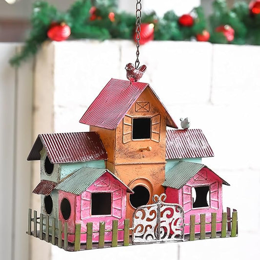 Large Bird Houses for Outside Hanging, Metal Bird Houses for Outside with 5 Compartments for Birds to Nest in, Durable Colorful Bird House 10 Hole Birdhouses for Outdoors Hanging