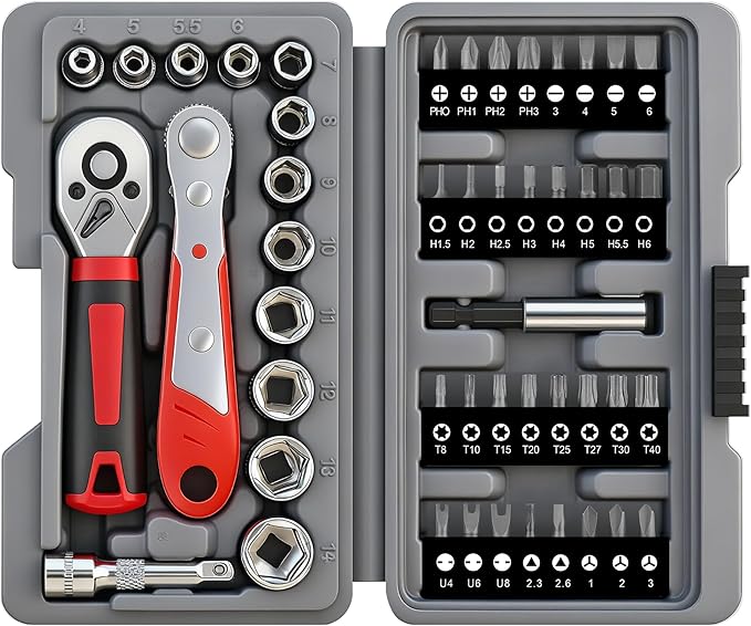 Hi-Spec 48pc Ratcheting Screwdriver & Socket Set, 1/4" Drive Mini Bit Ratchet and Quick-Release Ratchet, CR-V Sockets 4–14 mm, Security Bits in Portable Case
