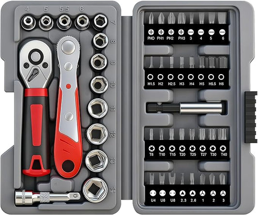 Hi-Spec 48pc Ratcheting Screwdriver & Socket Set, 1/4" Drive Mini Bit Ratchet and Quick-Release Ratchet, CR-V Sockets 4–14 mm, Security Bits in Portable Case
