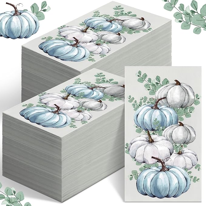 Jetec 200 Pcs Fall Napkins Thanksgiving Disposable Guests Paper Napkins White and Blue Pumpkin Disposable Hand Towels for Bathroom Thank You Gifts Decorative Napkins for Wedding Shower Birthday Party